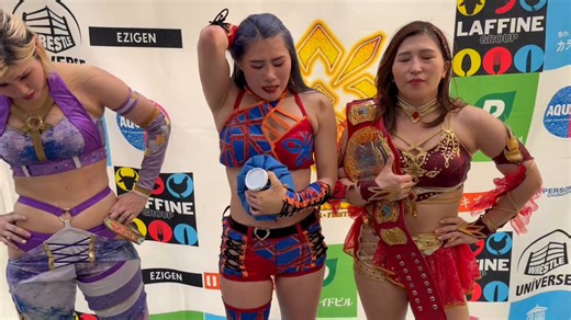 🔹大阪大会のメインで敗れた青野未来＆天麗皇希＆橘渚の試合後コメント。橘「あ〜悔しい！あの3人に負けるのはめちゃくちゃ悔しいです…」青野「19歳から見たらそうなの？オバハンて言われたの！」天麗「渚、今日気づいてくれたらいいなと私は思っている…」