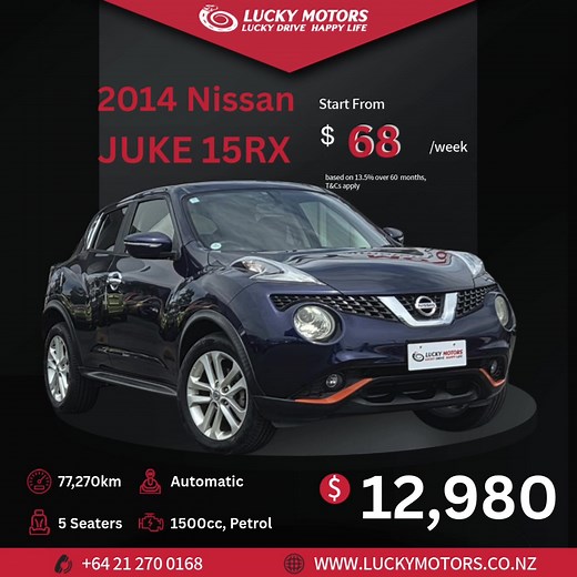 2014 Nissan Juke 15RX – Sporty, Unique & Fun-to-Drive Compact SUV 🚗🔥 ✨ Key Features: ✔ 77,270 km – Low mileage for its age ✔ 1500cc Petrol – Efficient and responsive engine ✔ Automatic – Smooth and easy to drive ✔ 5-seater – Practical compact SUV with personality ✔ Stylish two-tone accents & modern interior 📍 372 Moorhouse Avenue, Sydenham, Christchurch 8011 ⏰ Open Hours: Monday to Sunday: 9:30 AM – 4:30 PM 📞 Contact Us: 021 270 0168 👉 View full details: https://www.luckymotors.co.nz/vehicl