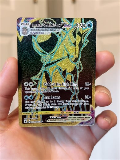 SecretPokéDad on Instagram: "These cards are incredible! This black gold Ice Rider Calyrex Vmax is the first card I’ve ever pulled like it. I thought these were cool, but now that I have one they are INSANE. One angle you get metallic flake, another it looks like a normal smooth V card, and a third you get the texture on the Pokemon itself. I love unique cards and this sure hits every metric. Go pick some up before these get pumped too because most of them are cheap as chips! #pokemon #pokemontc