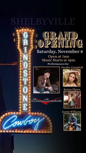 The wait is OVER — and it’s time to celebrate together! 🥳 We’ve poured our hearts into this and can’t wait to share it with you. Grindstone Cowboy Shelbyville Opens at 7am 🎶 Music starts at 4pm! Come through, bring a friend, and make some memories 🤠 #Shelbyville #GrindstoneCowboy #GrandOpeningDay #FunStartsHere #CelebrationTime | Grindstone Cowboy Eagleville