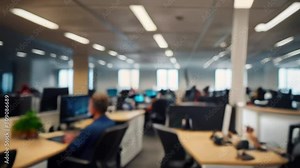 Blurred Background of Busy Open Plan Office with Employees Working