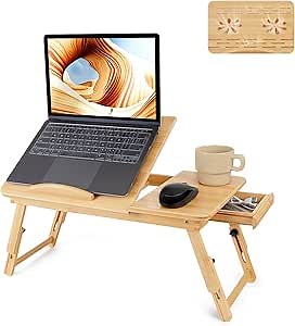 Bamboo Laptop Desk, Adjustable Foldable Bed Tray Table for Bed, Sofa, and Floor, Portable Lap Desk with Tilting Top & Drawer for Writing, Reading, Breakfast, Drawing, and Working