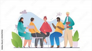 Psychotherapy consultation video concept. Moving men and women with depression, mental disorders and problems attend group therapy. Characters given their emotions. Gradient graphic animated cartoon