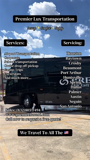 Travel in style and safety with Premier Lux ✨ Now booking Summer 2026 🤩☀️ Call to request a free quote! ⤵️ Sales: (832)805-7594 www.premierluxent.com Request a quote online ⬇️ https://customers.app.busify.com/widget/premier-lux-transportation-1 #PremierLux #LuxuryTransportation #charterbusrentals #HoustonCharterBus #AirportTransfers