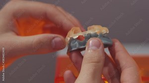Printing dental models in stomatology. Close-up of male worker dentist applying dental bridges on prosthetic 3D printed denture model. Digital dentistry.