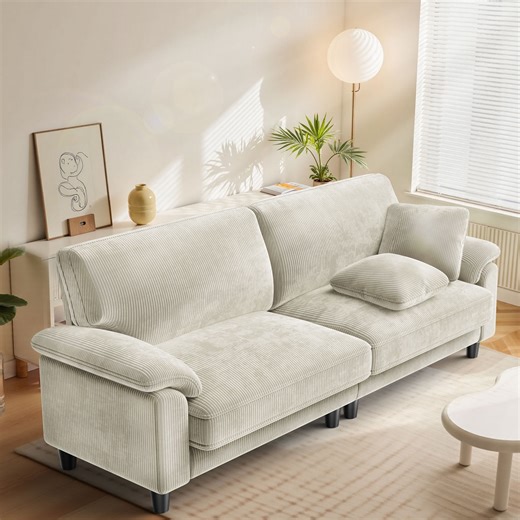 Patbrela 83" Corduroy Sofa, Loveseat Sofa with Extra Deep Seat Couches, Comfy Upholstered Couch for Living Room, No Assembly with 2 Pillows, Beige