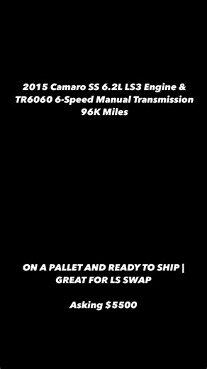 HRT AUTO SHOP on Instagram: "What’s Included: Complete 6.2L LS3 Engine w/ 96K Miles (Intake to Oil Pan) Tremec TR6060 6-Speed Manual Transmission Shifter Assembly ECM Computer Complete Front Accessories w/ Brackets and Bolts BBK Shorty Headers w/ Lead Pipes Electronic Drive By Wire Gas Pedal o2 Oxygen Sensors Front & Rear All Sensors on Engine DOES NOT INCLUDE STANDALONE ENGINE HARNESS SHOWN IN VIDEO"