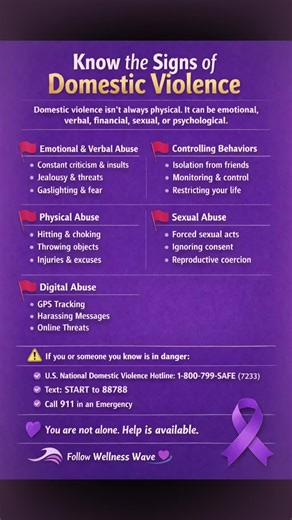 🚨 Love should never hurt. Control is not care. Know the signs. 💜 CAPTION Domestic violence isn’t always physical. It can show up as control, fear, manipulation, silence, or isolation. If something feels wrong, it matters. If you’re questioning it, that’s a sign too. 💜 You are not weak. 💜 You are not alone. 💜 Help is available. If you or someone you know is in danger, reach out: 📞 1-800-799-SAFE (7233) 📱 Text START to 88788 🌊 Follow Wellness Wave for daily wellness, safety, and awareness.