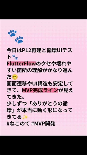今日はP12再建と循環UIテスト🐾FlutterFlowのクセや壊れやすい箇所の理解がかなり進んだ😊画面遷移やUI構造も安定してきて、MVP完成ラインが見えてきた。少しずつ「ありがとうの循環」が本当に