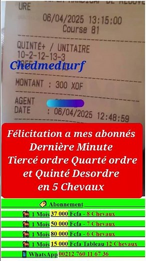 Dernière Minute ChedmedTurf ,Tiercé Quarté ordre et Quinté Desordre en 5 Chevaux