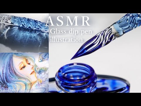 ASMR | SOUND and DRAWING by a beautiful Glass dip pen✒ Girl, Gold fish, Flower illustration