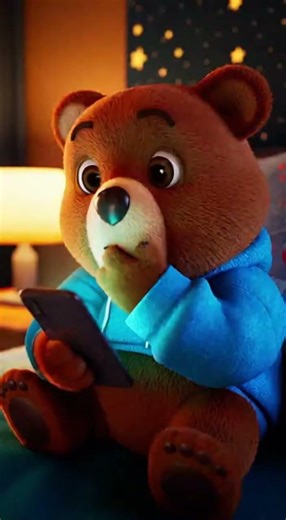 cute brown cartoon bear using a smartphone, shocked face, bright #bear #dongvat #comedy