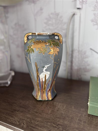 Gilded Heron and Lily Vase – Antique Nippon - Raised Enamel – 12” Art Nouveau Japanese Porcelain - Etsy