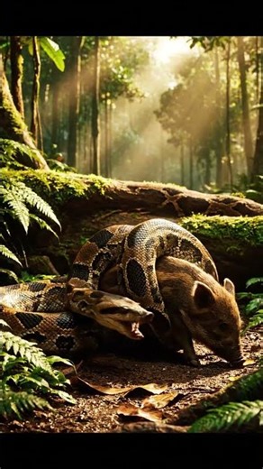 A python bites a wild boar piglet, forest morning, wide cinematic shot
