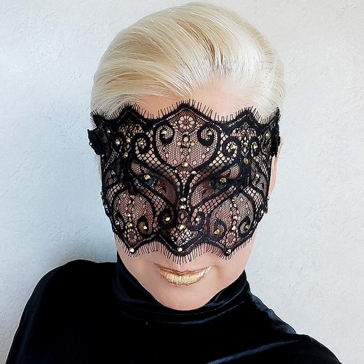 Black Lace Masquerade Mask With Gold Rhinestones, Half Face Mask, See Through Mask, Gothic Wedding Mask, Vampire Masquerade Mask - Etsy