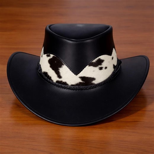 Black Leather Cowboy Hat With Cowhide Band, Western Style Wide Brim Rodeo Accessory - Etsy