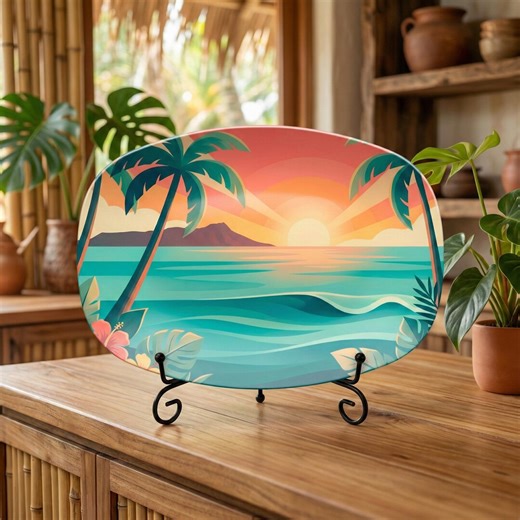 Hawaii Sunset Serving Plate: Diamond Head Palm Tree Oval Platter for Coastal Home Decor - Etsy