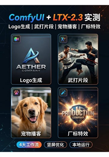 LTX-2.3开源了！本地部署ComfyUI工作流生成电影级视频🔥 ✅ 4090显卡本地可跑工作流 ✅ 竖屏视频画质大幅优化 ✅ 配合Qwen3.5自动写专业提示词 4个工作流：Logo视频｜电影厂标｜宠物播客｜武打片段 💬 你最喜欢哪个Demo？ #ai视频 #comfyui #人工智能 #视频生成 #4090显卡