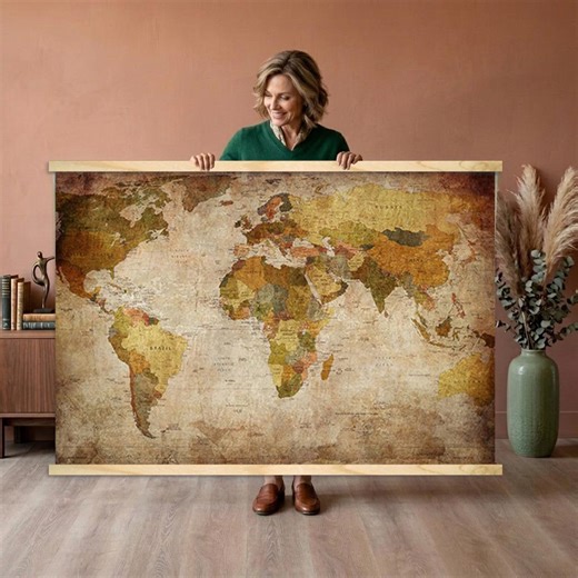 Vintage World Map Wall Canvas, Antique Style Large Map Poster, Sepia Tone Travel Decor, Old World Map Wall Hanging - Etsy