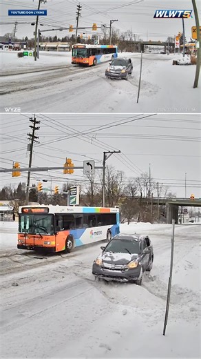 A wild crash during this weekend's snow storm was captured on security camera, showing an SUV colliding with a Metro bus. 🎥: Don Lykins https://www.wlwt.com/article/security-video-shows-suv-collide-with-metro-bus-during-snowstorm/70142690 | WLWT