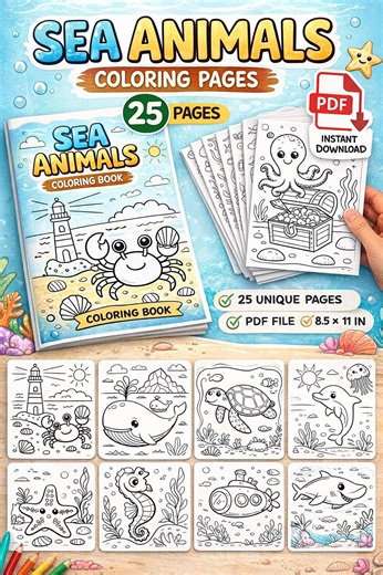 Sea Animals Coloring Pages Printable | 25 Ocean Animals Coloring Pages for Kids | Fish Turtle Dolphin Shark | Kids Activity PDF - Etsy
