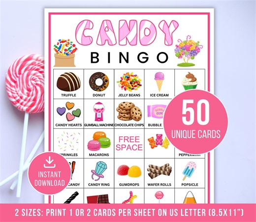 Candy Bingo, 50 Candy Bingo Cards, Sweet Treats Bingo, Printable Candy Activity, Candy Party Game, Candy Themed Birthday Party for Kids - Etsy