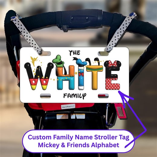 Personalized Family Name Stroller Tag With Mickey and Friends Alphabet Letters, Amusement, Waterproof, Aluminum - Etsy