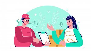 Delivery concept animation. Male courier with package box or parcel and tablet in hands. 2d cartoon flat-style motion design. fast mail, express postal delivery service, woman Accepting parcel.