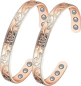 Jecanori 2Pcs Copper Magnetic Bracelet for Women Men,Vintage Flower Copper Bracelet 99.9% Solid Copper Bangles with Magnets Wristband with Gift Box for Valentine's Day Gifts
