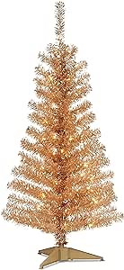 National Tree Company 4 ft Pre-Lit Champagne Gold Tinsel Mini Artificial Christmas Tree, 70 Clear Lights, 110 Tips, Includes Stand