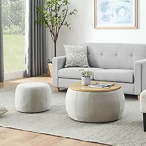 2-Piece Set Round Chenille Storage Ottoman, Equipped with a Drum Shaped Small Stool, Storage Space, and MDF Made Desktop Panel (Light Grey, 25"x25"x14.7")