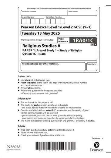 2025 Pearson EDEXCEL GCSE Religious Studies A Paper 1c 1ra0 1c Area Of Study 1 Study Of Religion