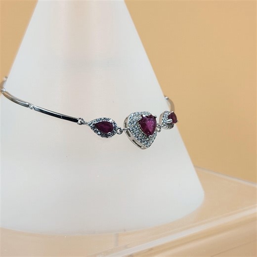 Ruby Silver Bracelet Natural Red Precious Gemstone With Cubic Zirconia, Anniversary July Birthstone