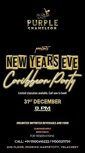 Purple Chameleon presents NEW YEARS EVE💥 Caribbean Party at Phoenix Marketcity, Chennai! Escape to the enchanting tropics and embark on a Caribbean Theme Party! Immerse yourself in the vibrant colors, lively rhythms, and delectable flavors of the Caribbean as we transform our venue into a paradise for a night of tropical indulgence. DJ JAVID Celebrate your newyear’s eve at Purple Chameleon with Unlimited Imported Beverages And Food🍕🥂 PHASE 1 COUPLE - ₹ 6499 /- FEMALE - ₹ 2999/- STAG - ₹4499/-
