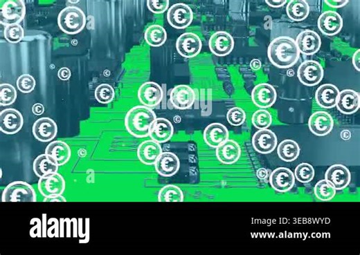 Animation of euro symbol icons over computer circuit board. global social media, technology and digital interface concept digitally generated video Stock Video Footage - Alamy