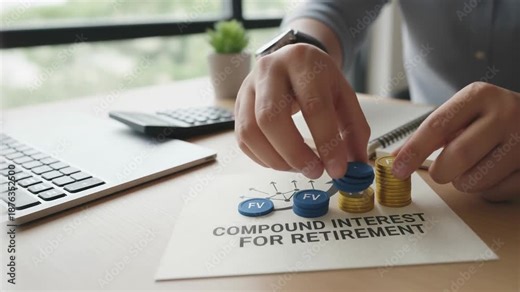 Compound interest retirement saving plan concept with hand stacking gold coin stack growth finance planning saving coin stack office desk