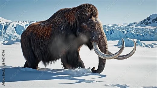 Woolly mammoth walking majestically across a vast snowy glacial landscape for prehistoric life concept and ancient Ice Age wildlife survival