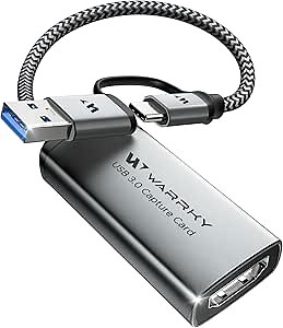 WARRKY Video Capture Card, HDMI to USB 3.0 A and USB C Capture Device, 4K Input 1080P 60FPS with Low Latency for Streaming and Recording Game, Compatible with iPad, Quest 3, PS5/4, Switch2/1, Camera