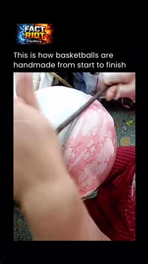 @factriot.ig on Instagram: "Handmaking a basketball is a multi-step process that blends precision with craftsmanship. It begins with forming a rubber bladder, which is inflated and tested to ensure it holds air properly. This inner core is then wrapped tightly with layers of nylon or polyester thread, giving the ball its strength, bounce consistency, and ability to retain shape under impact. Next comes the outer shell. Panels made from leather or synthetic material are cut, glued, and carefully