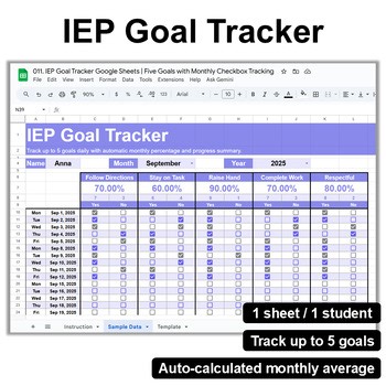 IEP Goal Tracker Google Sheets | Five Goals with Monthly Checkbox Tracking