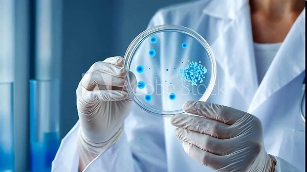 Scientist examines petri dish for bacterial growth in laboratory analysis sequence