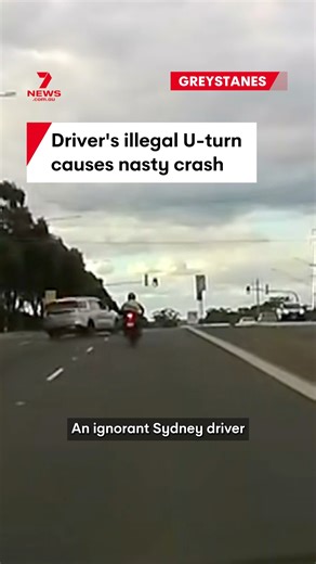 An ignorant driver has taken out a motorbike while performing an illegal U-turn at Greystanes in Sydney's west. #uturn #dashcam #greystanes #westernsydney #sydney | 7NEWS Australia
