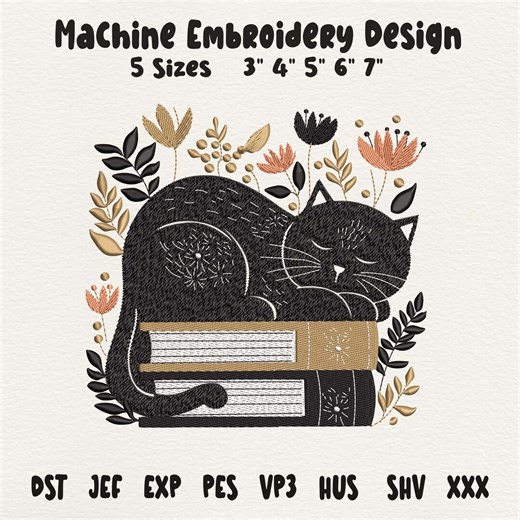 Sleeping Cat Embroidery Design, Cat on Books Machine Embroidery File, Cute Animal Stitch Design - Etsy