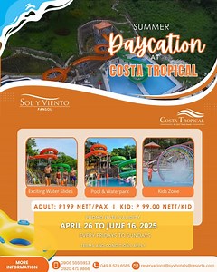 Sun’s out, fun’s out! Your tropical daycation adventure starts here at Costa Tropical. Swim, splash, and soak up the sun — where every moment feels like a holiday. -Opens from 8:00am - 5:00pm (Fridays-Sundays) -Promo is valid until June 16, 2025 -Kids who are 2ft. in height are free of charge (Max. of 2 non-paying kids per group). For more information contact us at: ✉️ Email: reservations@syvhotelsandresorts.com 📱 Call/Text: 63 906 555 5913 | 63 920 471 9866 ☎️ Landline: 049 8 523 6585 | Sol Y 
