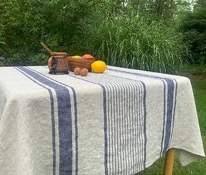Heavyweight European Linen Tablecloth: Woven Navy Stripes - Etsy