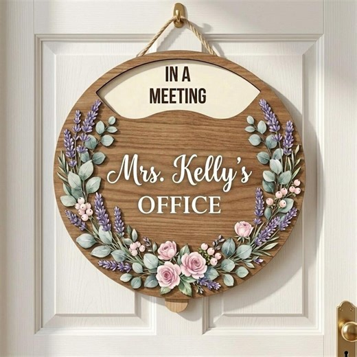 Personalized Office Door Sign With Sliding Status, Custom Name Teacher Classroom Sign, Floral Office Decor, Floral Lavender Door Hanger - Etsy