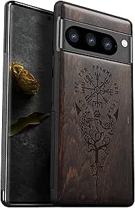 Carveit Wood Case for Pixel 8 Pro - Natural Wood & Black Soft TPU, Shockproof Protective Cover, Unique Wooden Case (Viking Compass-Blackwood)