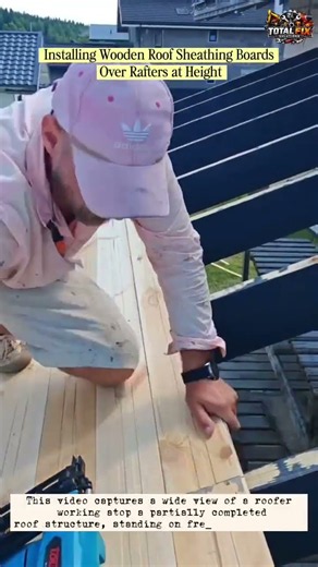 Installing Wooden Roof Sheathing Boards Over Rafters at Height
