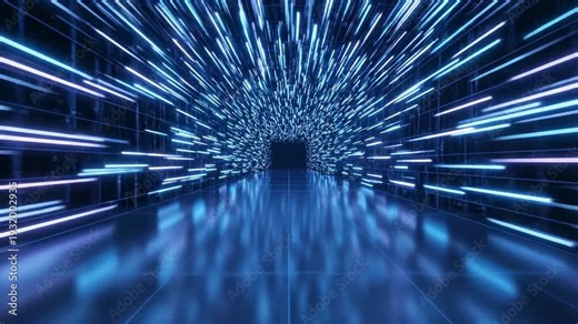 Video showcasing tunnel-like blue light trails racing through perspective grid space, speed, connectivity, cloud computing and AI transformation theme for digital campaigns.