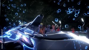 Futuristic night city with 3d peoples and robots. Future concept. Realistic 4k animation.